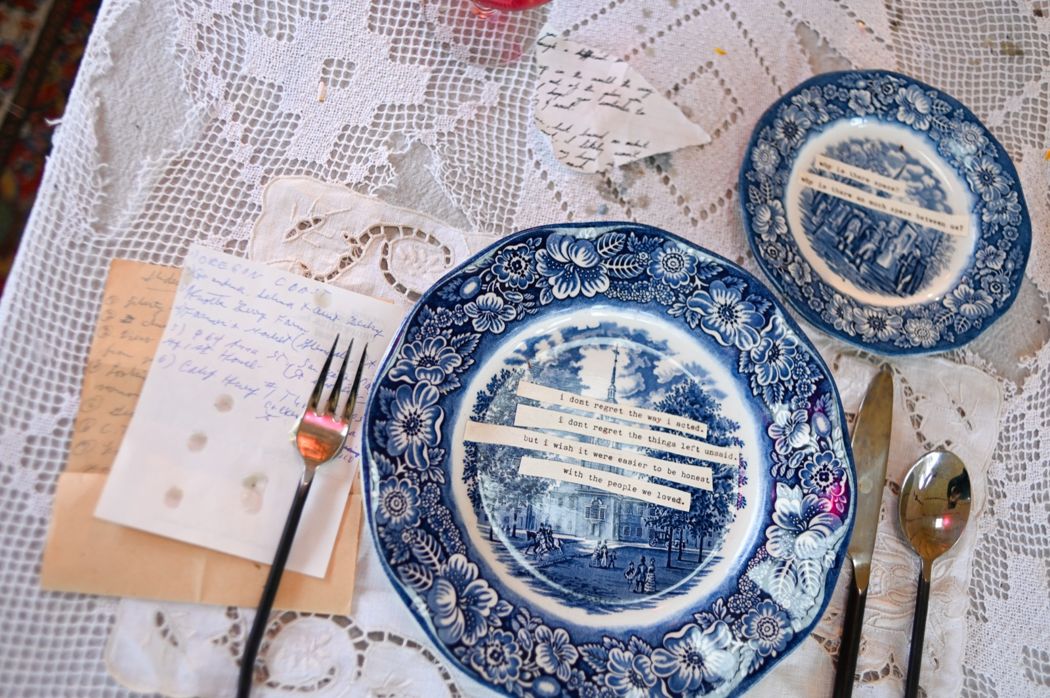 typed text on the blue staffordshire china place setting
