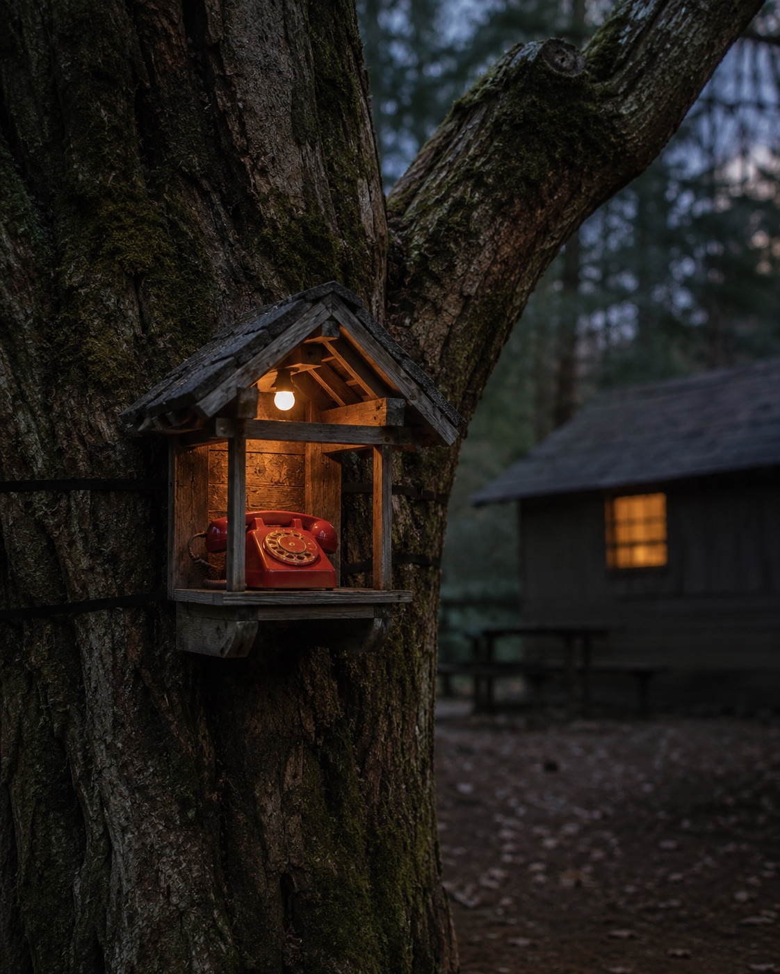 the red wind phone on the mossy tree at dusk